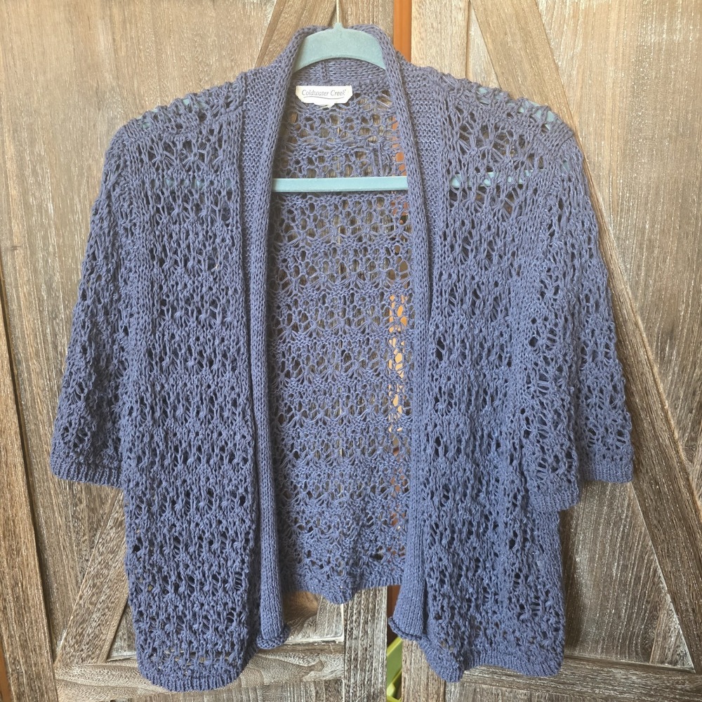 Coldwater Creek Sweater‎ Women's Blue Open Knit Short Sleeve Open Cardigan Short
